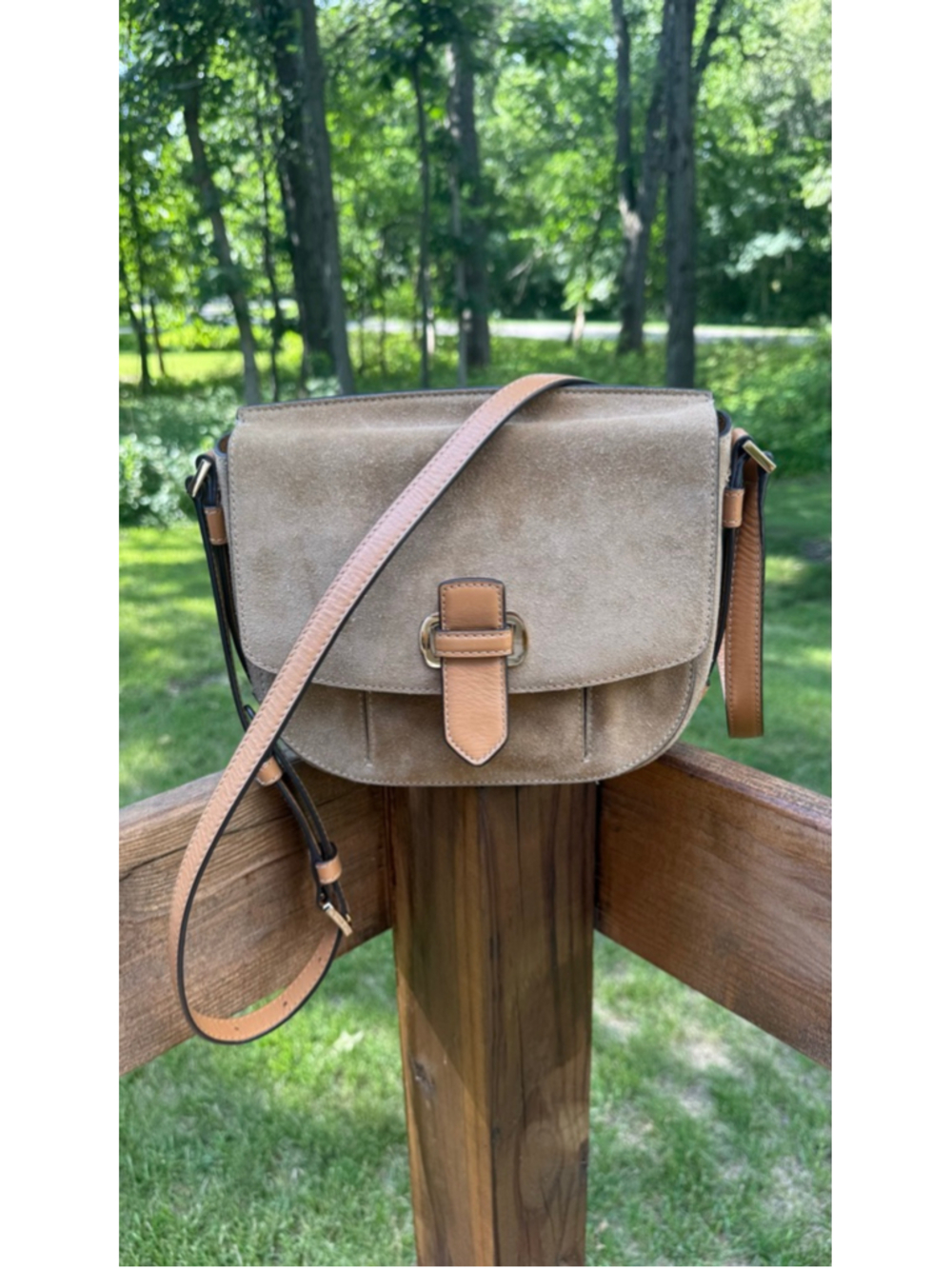 Michael Kors Camel Taupe Suede Leather Saddle Crossbody Bag Gold Hardware
